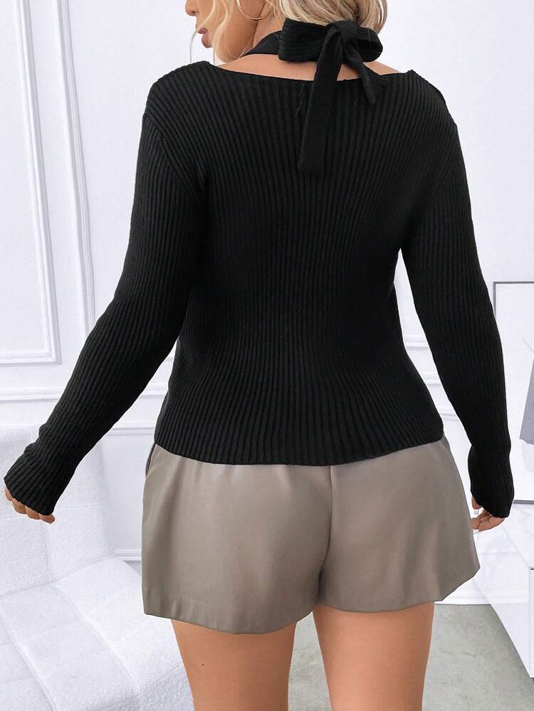 Plus Cut Out Tie Back Halter Neck Sweater Knit Pullover Fall Winter Sweater
