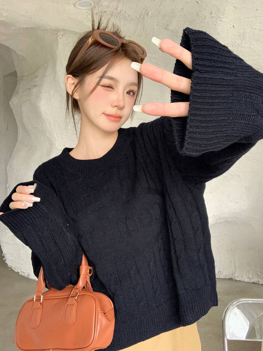 Dazy Star Solid Drop Shoulder Cable Knit Sweater - Black - View 1