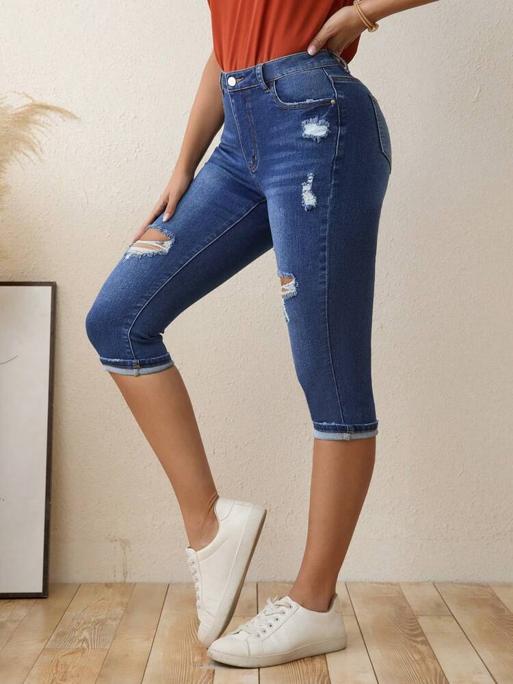 High Waist Ripped Raw Hem Capri Skinny Jeans