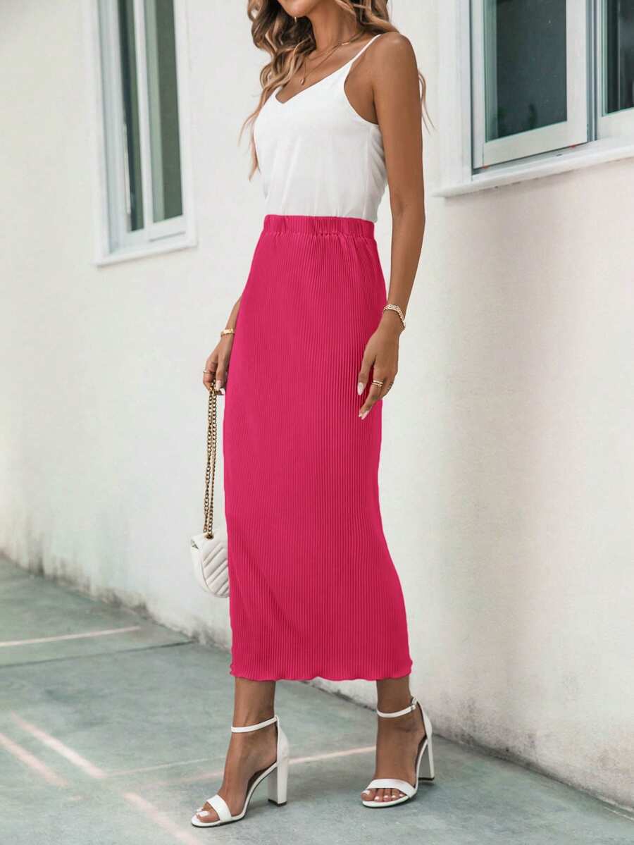 SHEIN Clasi Solid Elastic Waist Straight Skirt - Hot Pink - View 1