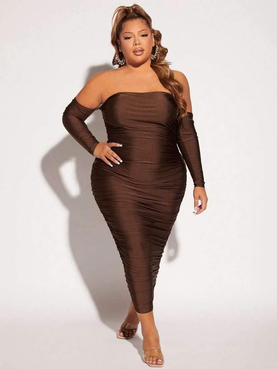 SHEIN SXY SHEIN Kích thước lớn Ruffled Off Shoulder Váy bodycon Giáng sinh Đầm Năm mới Đêm trước Gợi cảm Câu lạc bộ - màu nâu - Xem 1