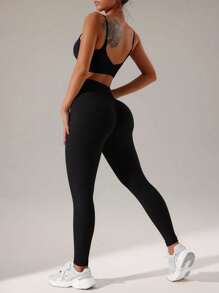 Easithlete Solid Tummy Control Sports Leggings - Black - View 6