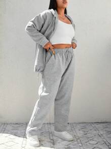 SHEIN Cottnline Plus Size  Drop Shoulder Zipper Up Drawstring Hoodie & Sweatpants - Grey - View 5