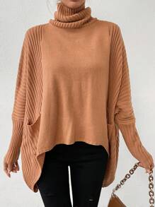 SHEIN LUNE 高领蝙蝠袖双口袋不对称下摆针织套头衫秋冬毛衣 - 卡其色 - 查看 3