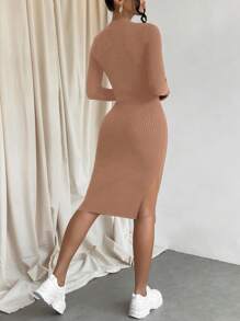 SHEIN Cottnline Mock Neck Split Thigh Sweater Dress Without Belt - Camel - View 2