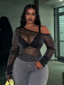 Slaydiva Elegant & Sexy Monochromatic Slim-Fit See-Through Mesh Asymmetrical Neck Plus Size Women's Top - Black - View 1