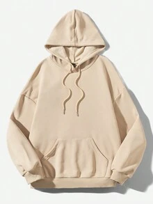 SHEIN Coolane Slogan Graphic Kangaroo Pocket Drawstring Hoodie - Khaki - View 2