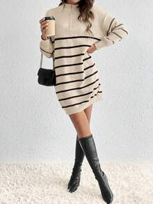 SHEIN Frenchy Striped Pattern Drop Shoulder Sweater Dress - Multicolor - View 4