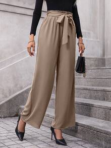 SHEIN Clasi Paperbag Waist Belted Wide Leg Pants - Apricot - View 4