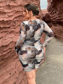 SHEIN Privé Hơn Nhuộm buộc Cổ vuông Viền ven Lưới Váy bodycon - Nhiều màu - Xem 2