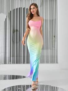 Firerie Ombre Draped Collar Mermaid Hem Cami Dress,Pastel Dresses For Women