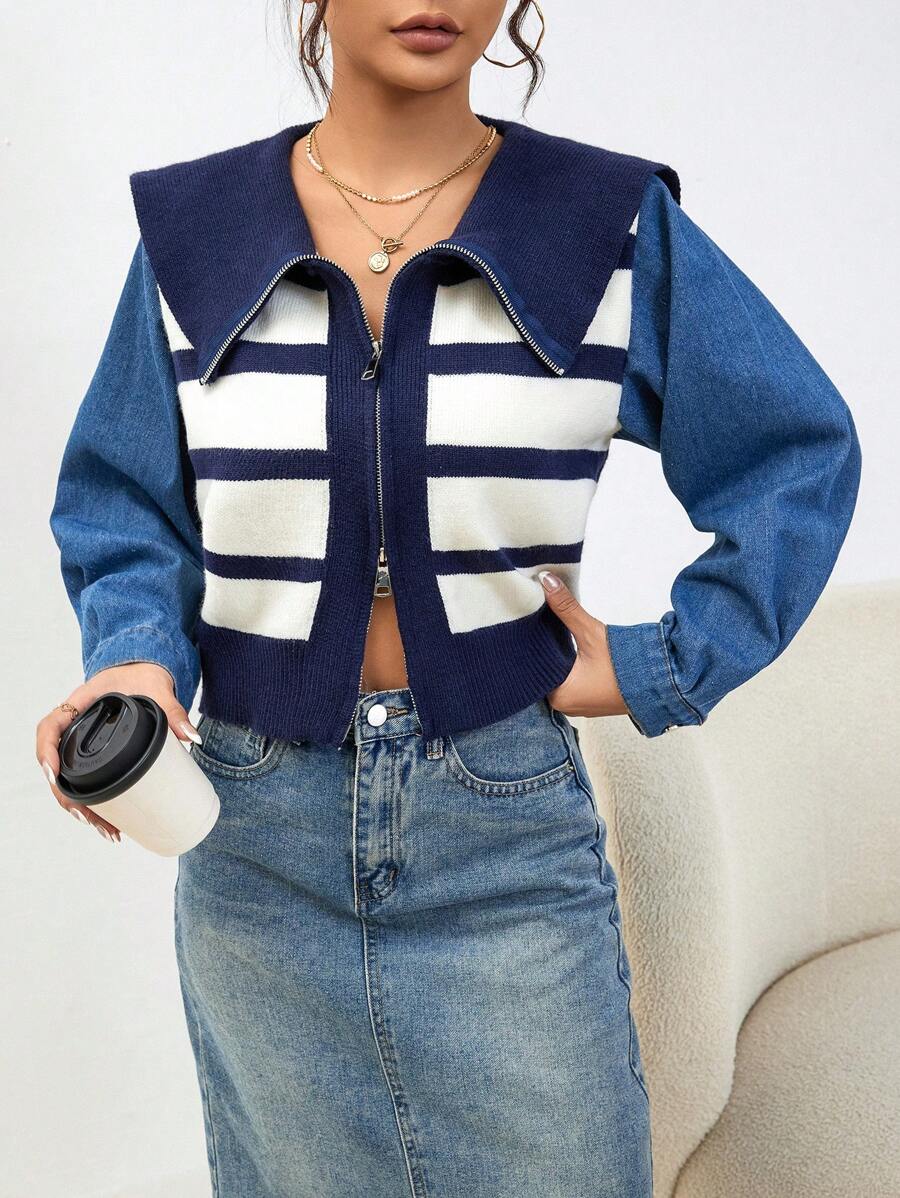 SHEIN Essnce Mẫu sọc Cổ thuỷ thủ Dây kéo mặt trước Áo len Mở - Nhiều màu - Xem 1