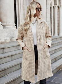 SHEIN LUNE Plaid Dual Pocket Drop Shoulder Tweed Overcoat Fall Cloth For Women - Khaki - View 6
