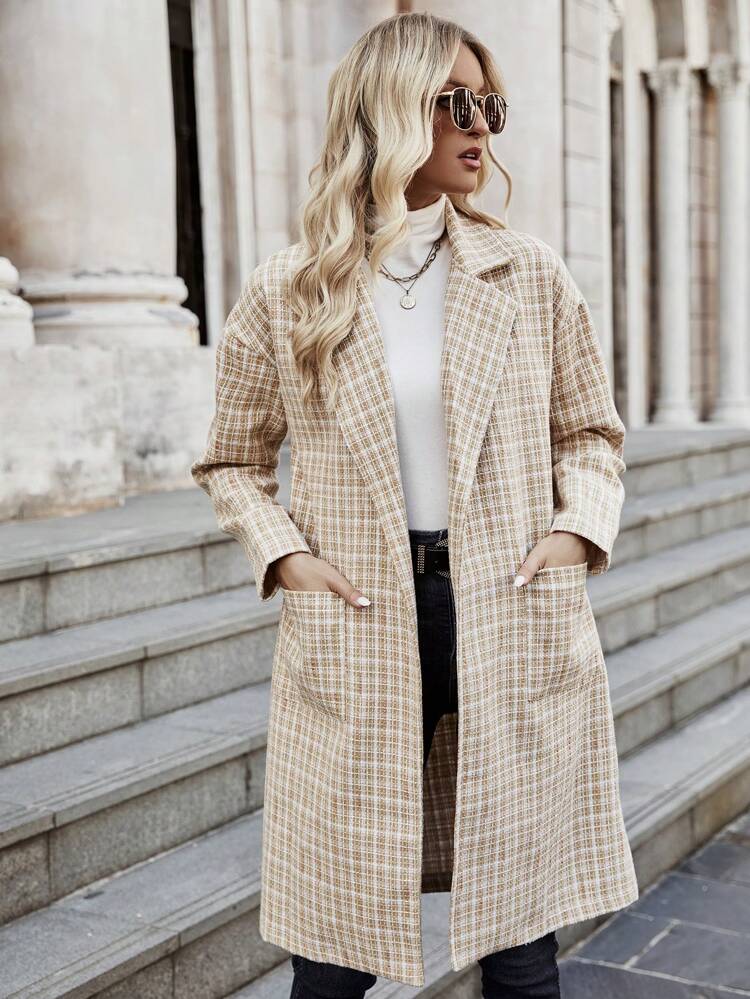 Plaid Dual Pocket Drop Shoulder Tweed Overcoat Fall Cloth For Women