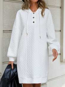 SHEIN LUNE Nút Nửa Thả vai Dây rút Đầm có mũ - trắng - Xem 1