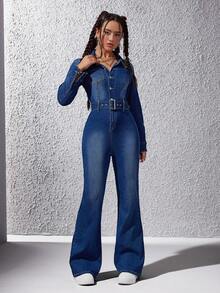 SHEIN ICON Button Front Belted Flare Leg Denim Jumpsuit - Medium Wash - View 5