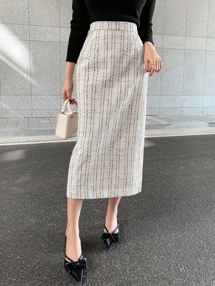 DAZY Falda de cintura alta con espalda dividida, otoño e invierno - Blanco - Ver 1