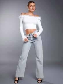 SHEIN BAE 一字肩毛茸邊短款T恤 - 白色 - 查看 5