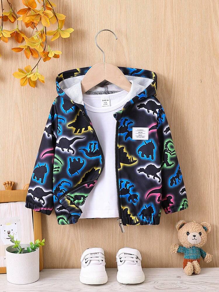 Baby Boy Dinosaur Print Patch Detail Hooded Jacket Without Tee