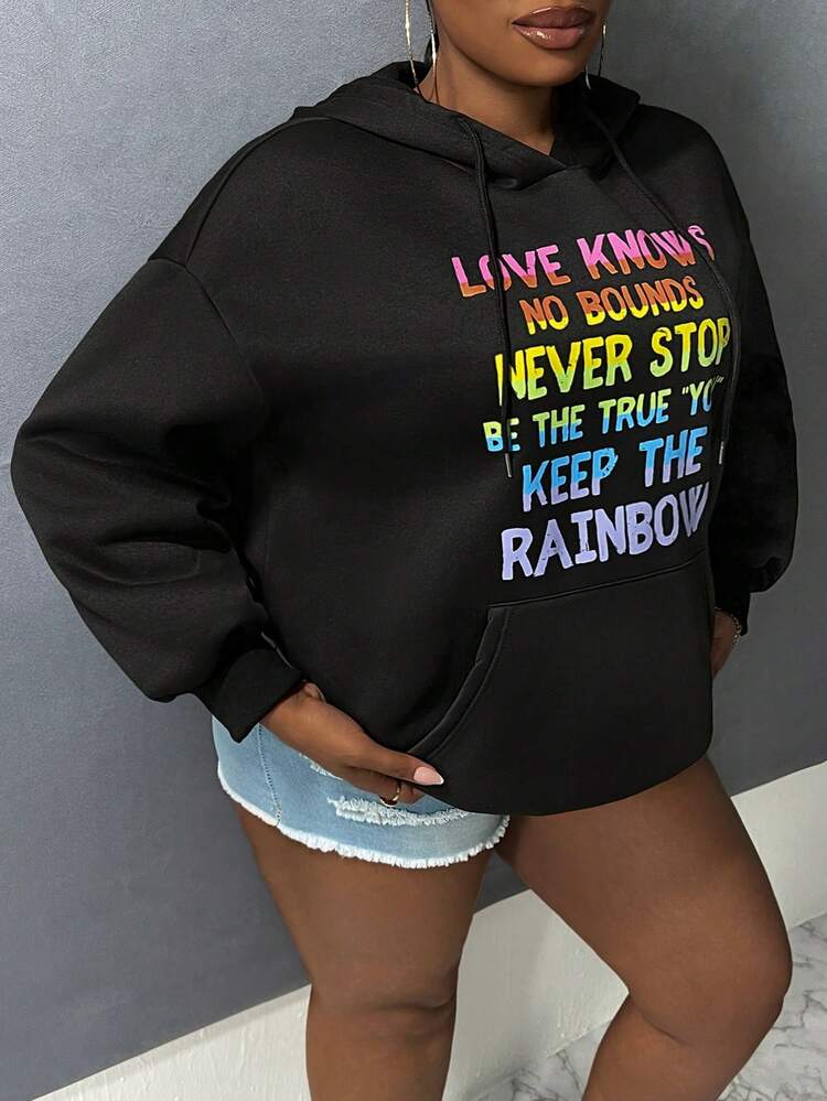 Plus Size Slogan Graphic Kangaroo Pocket Drop Shoulder Drawstring Sweatshirt