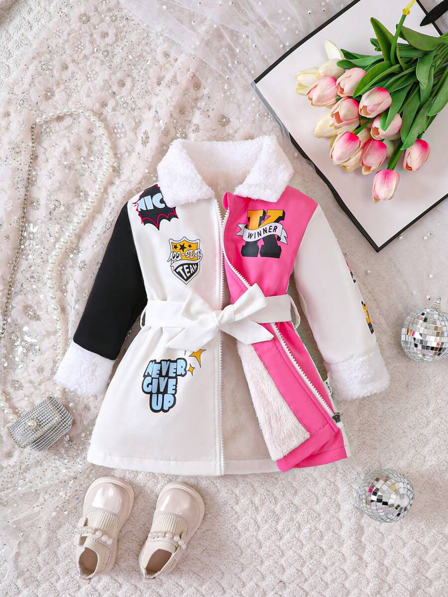 Girl Baby Cartoon Graphic Colorblock Belted Coat - Multicolor - View 1