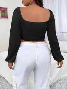 Flirla Plus Square Neck Lantern Sleeve Crop Top - Black - View 2