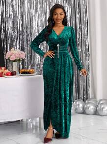 SHEIN Lady 女用天鵝絨開叉下擺連身裙 - 綠色 - 查看 4