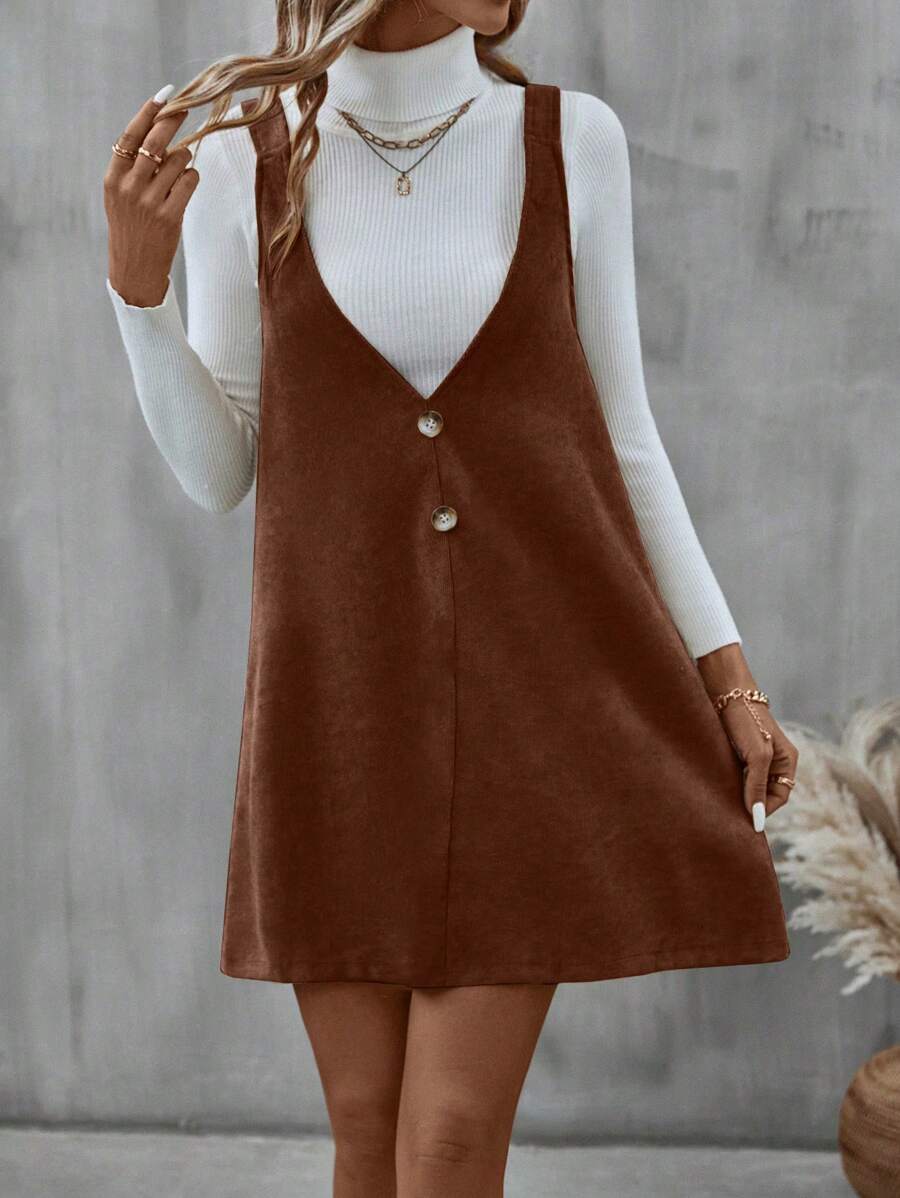 SHEIN LUNE 1入組素色燈芯絨背帶洋裝 - 咖啡棕 - 查看 1