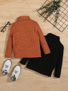 SHEIN Young Boy 2pcs Letter Patched Detail Turtleneck Tee - Brown - View 2