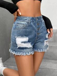 紐扣門襟破洞毛邊牛仔短褲 - 藍色 - 查看 6