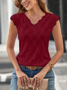 SHEIN Clasi Contrast Scallop Lace Trim Cap Sleeve Eyelet Embroidery Tee - Burgundy - View 3