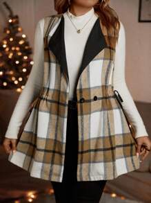 Calvaya Hơn In kẻ sọc Eo dây rút Áo vest - màu nâu - Xem 1