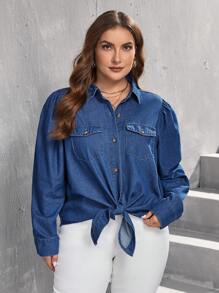 SHEIN LUNE Plus Flap Pocket Knot Hem Denim Shirt - Medium Wash - View 1