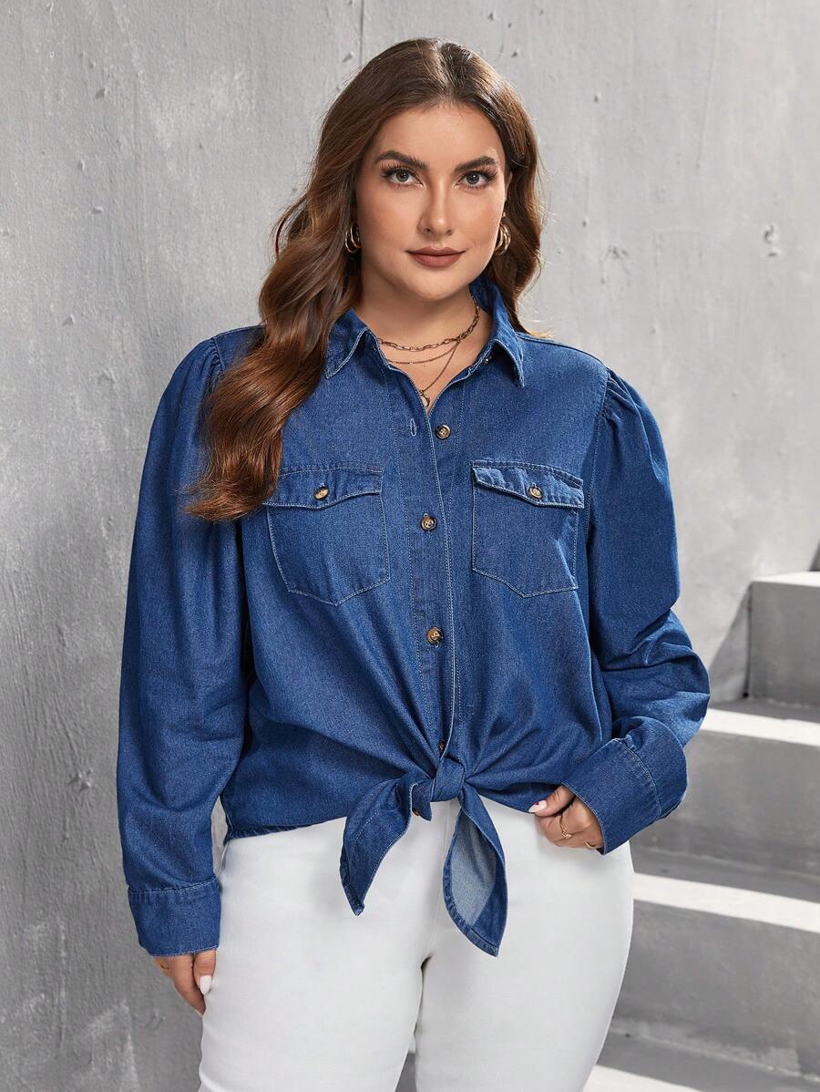 SHEIN LUNE Plus Flap Pocket Knot Hem Denim Shirt - Medium Wash - View 1