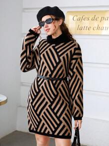 青少年女孩幾何圖案高領落肩袖毛衣洋裝不附腰帶