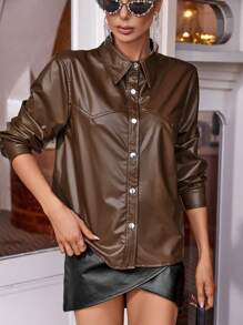 SHEIN Privé 素色前紐扣PU皮革夾克 - 棕色 - 查看 3