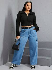 SHEIN EZwear Plus Borg Collar Zip Up Jacket - Black - View 4