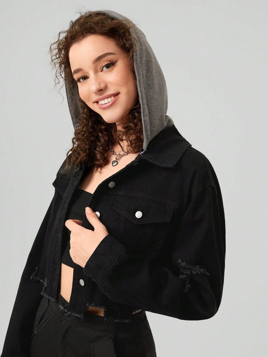 Forever 21 Frayed Edge Denim Jacket With Fake Pockets