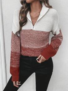 SHEIN LUNE Jersey de color combinado con cremallera media de hombros caídos - Multicolor - Ver 1