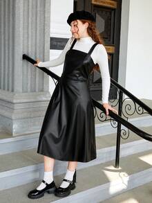 青少年女孩素色PU皮革背帶洋裝不帶T恤 - 黑色 - 查看 4