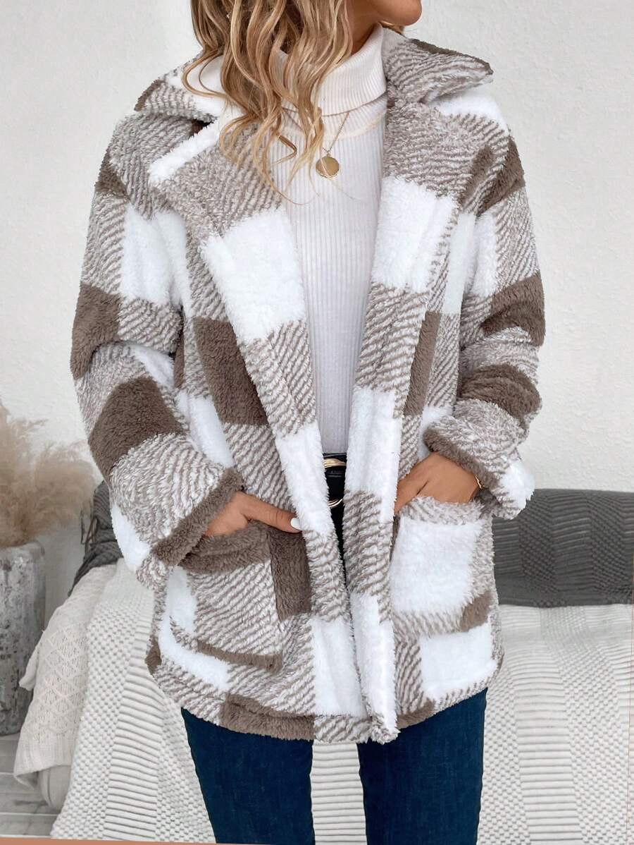 SHEIN Essnce Abrigo con estampado de cuadros con doble bolsillo de hombros caídos - Caqui - Ver 1