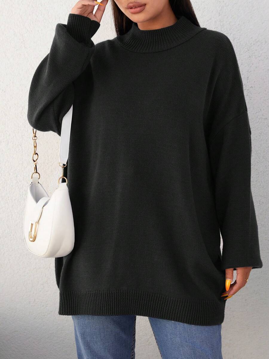 EURMUSE Plus Mock Neck Drop Shoulder Sweater, For Winter - Black - View 1