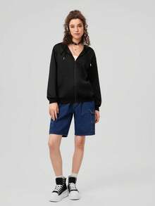 Forever 21 Women's Zipper Front Drawstring Hoodie - Black - View 5