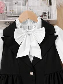 Tween Girl Bow Front Flounce Sleeve Blouse & Peak Collar Dress - Black and White - View 4