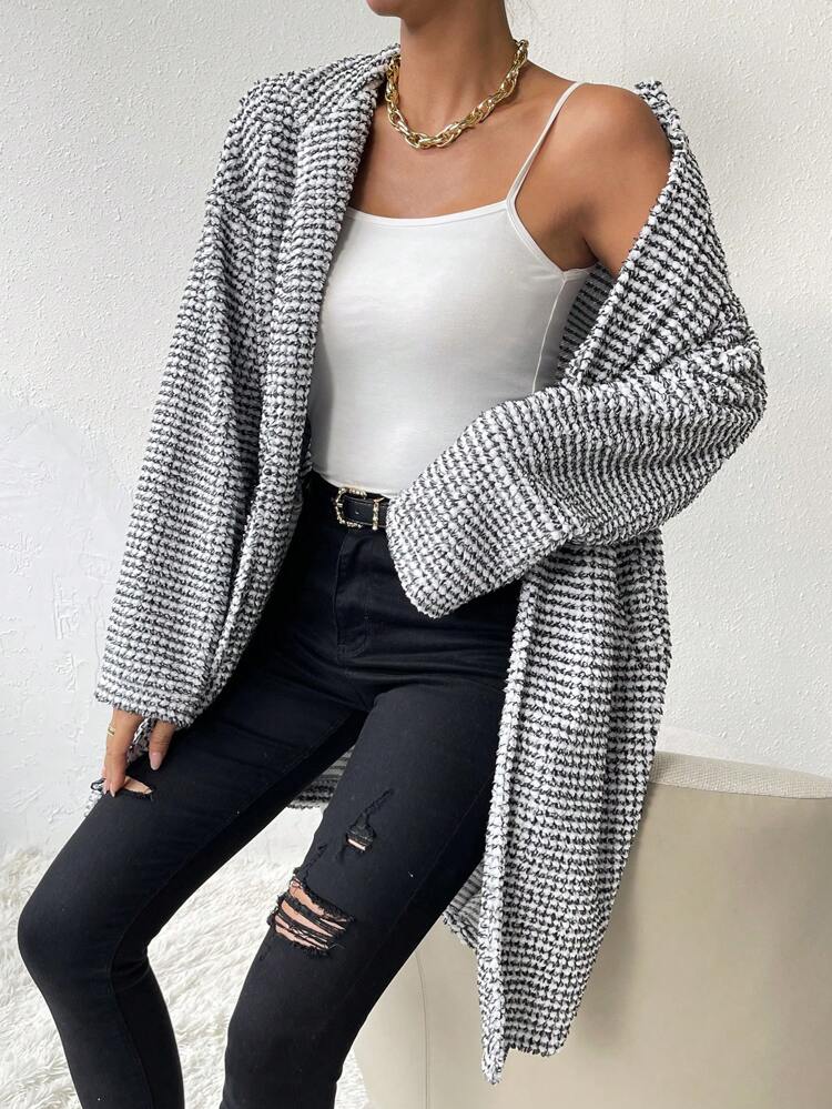 Striped Print Drop Shoulder Open Front Coat