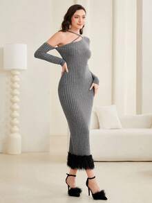 Modelyn Asymmetrical Neck Fuzzy Hem Bodycon Dress Without Belt - Dark Grey - View 6