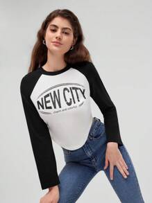 Forever 21 Women's Raglan Sleeve T-shirt With Letter Print - Black and White - View 5