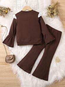 SHEIN Young Girl Eyelet Embroidery Ruffle Trim Tee & Flare Leg Pants - Brown - View 2