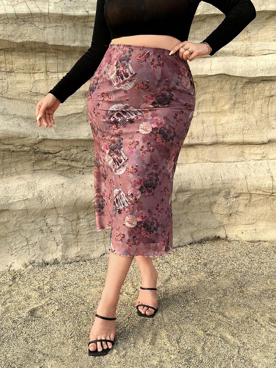 SHEIN Privé Plus Floral Print Pencil Skirt - Multicolor - View 1