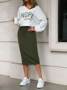SHEIN LUNE Conjunto De Sudadera Con Cuello Caído Para Mujer Y Vestido Sin Mangas Con Estampado De Letras